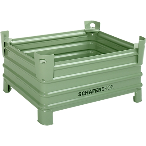 Lichtgroene, stapelbare transportbox met de opdruk SCHÄFERSHOP.