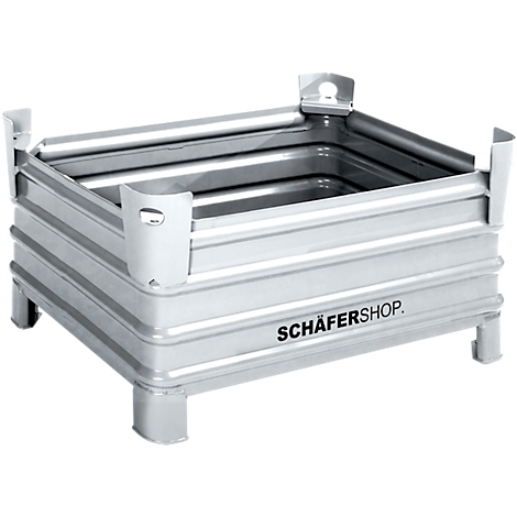 Zilveren stalen containerbox, met "SCHÄFERSHOP." aan de zijkant.