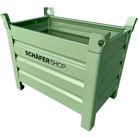 Lichtgroene, gegolfde metalen box met handgrepen. Op de zijkant staat SCHÄFERSHOP in zwarte letters.