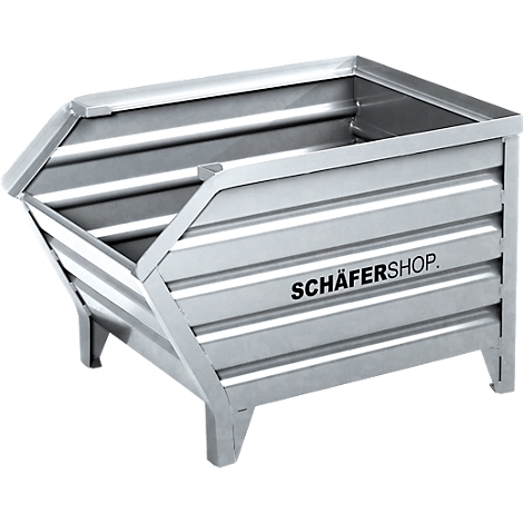 Ein metallischer Kippbehälter mit geriffelter Oberfläche und der Aufschrift SCHÄFERSHOP.