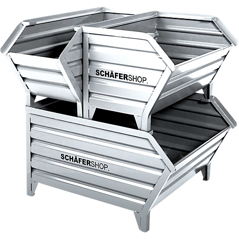 Dreiteiliger stapelbarer Metallbehälter. Der Schriftzug SCHÄFERSHOP ist auf den Behältern zu sehen.