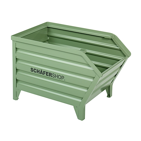 Grüne Metallmulde mit horizontalen Rippen und "SCHÄFERSHOP." Schriftzug.