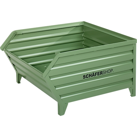 Grüner Metallbehälter mit Aufschrift SCHÄFERSHOP. Gestreifte Seiten, offene Oberseite, auf Beinen stehend.