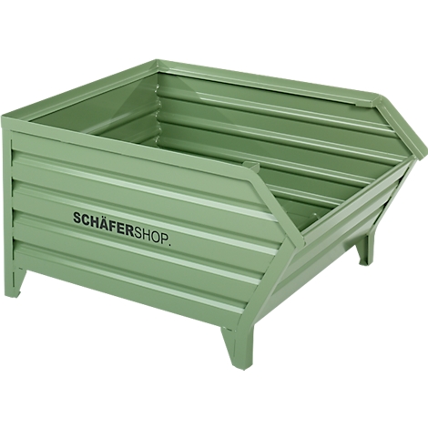 Grüner Metallbehälter mit geriffelten Seiten und der Aufschrift SCHÄFERSHOP.