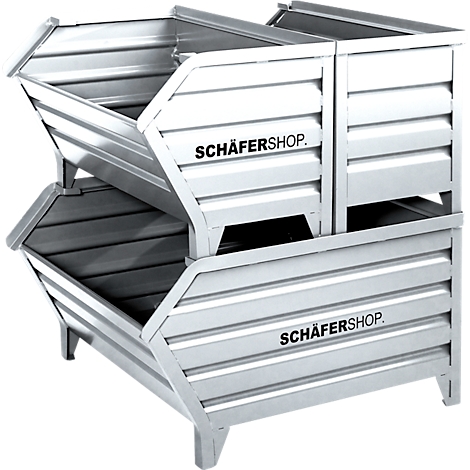 Zwei silberne Stapelbehälter, mit dem Aufdruck 'SCHÄFERSHOP'.