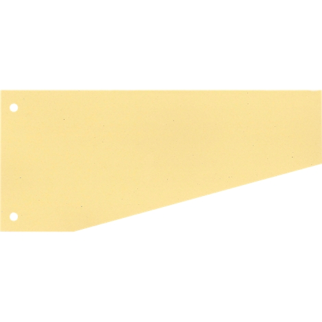 A yellow, rectangular banner with a beveled bottom edge and two holes on the left side.