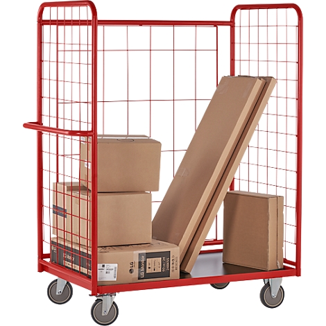 Red transport cart with grids, loaded with boxes and panels. Black loading area, four wheels.