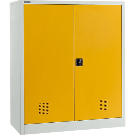 Gelber Stahlschrank mit zwei Türen, schwarzem Griff und Lüftungsschlitzen.