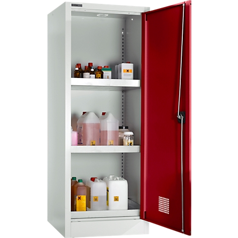 Offener Stahlschrank mit roter Tür, gefüllt mit Flaschen und Kanistern verschiedener Chemikalien.