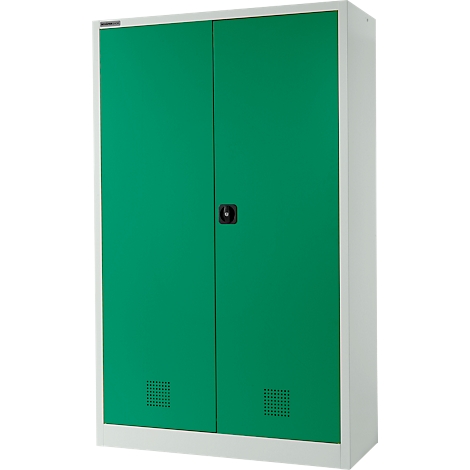 Ein grüner Stahlschrank mit zwei Türen und einem schwarzen Griff. Die Seiten und der Rahmen sind weiß.