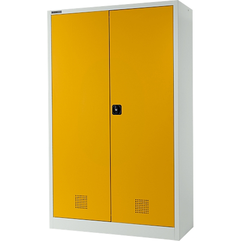 Gelb-weißer Schrank, zwei Türen, schwarzer Griff, rechteckige Lüftungsschlitze unten.