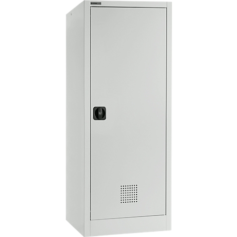 Grauer Metallschrank mit schwarzem Griff, Lüftungsschlitzen und Firmenlogo.