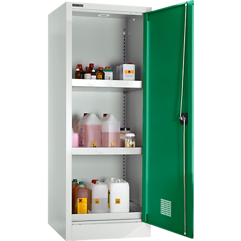 Ein weißer Schrank mit geöffneter, grüner Tür. Im Inneren sind Flaschen und Behälter mit Chemikalien zu sehen.