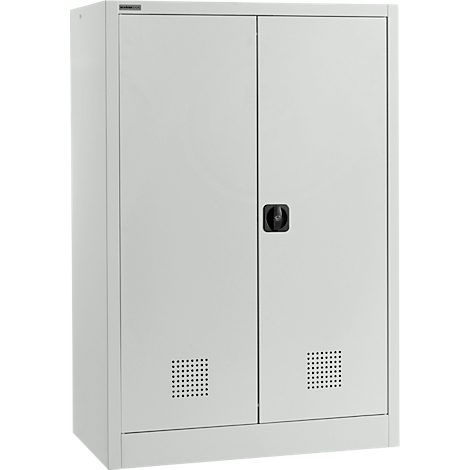 Grauer Stahlschrank mit zwei Türen, schwarzem Griff und Lüftungsschlitzen.