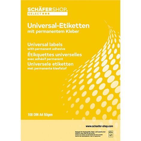 Yellow block with label print in different languages. Inscription: Universal labels with permanent adhesive.