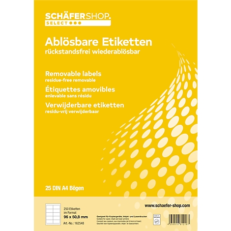 Yellow label pack with texts: Removable labels, residue-free removable. Multi-language product descriptions.