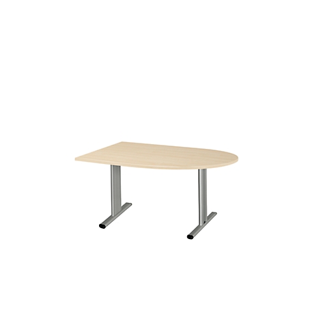 Lichtgekleurde, halvemaanvormige bureau met twee zilveren poten tegen een witte achtergrond.