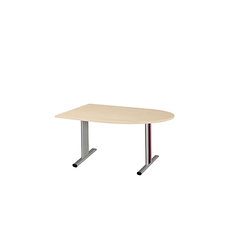 Halfronde, lichtbruine tafel met twee grijze poten en een rode streep op één poot, tegen een witte achtergrond.