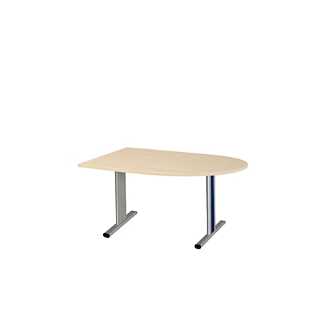 Een halfronde bureau tegen een witte achtergrond. Houten tafelblad, zilveren poten met blauwe strepen.