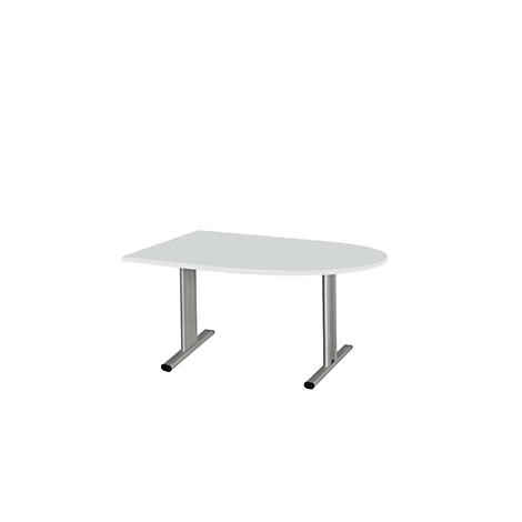 Een halfronde witte tafel met twee zilveren poten. De tafel staat op een witte achtergrond.