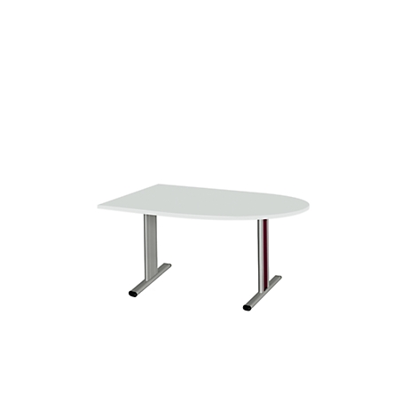 Wit bureau met een halfrond tafelblad, zilveren poten en rode middenpoot.