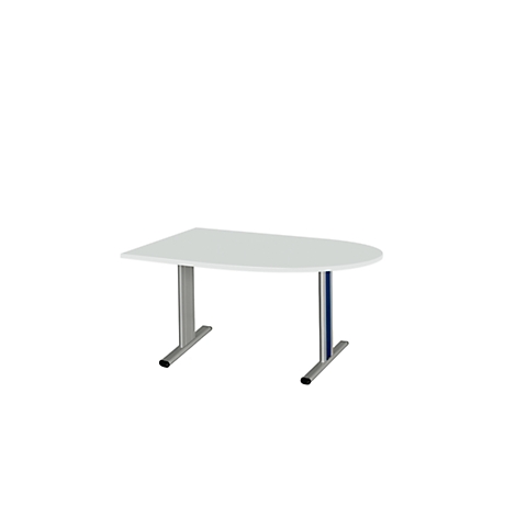 Een witte, halfronde tafel, met twee poten van zilver metaal en blauwe accenten.