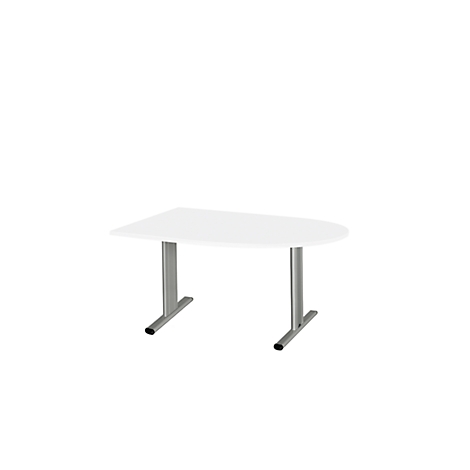 Witte bureau met een halfrond tafelblad en twee zilveren poten. Een minimalistisch ontwerp tegen een witte achtergrond.