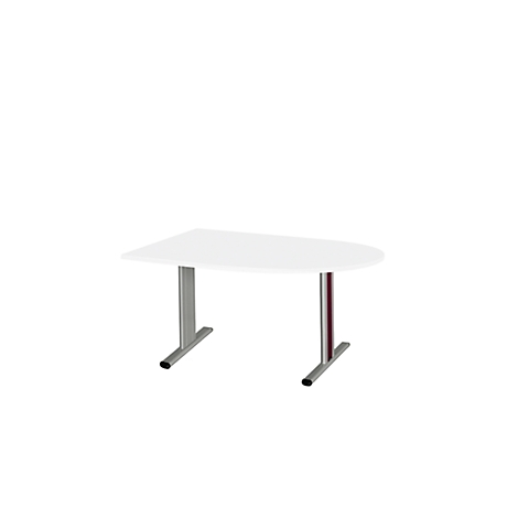 Witte, halfronde tafel met twee zilveren poten en rode kolommen. De tafel staat voor een witte achtergrond.