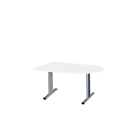 Witte bureau met een halfronde afwerking, twee poten met zilveren steunen en blauwe stutten.
