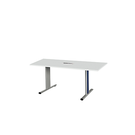Witte rechthoekige tafel, twee T-vormige poten. Een opening in de tafel.