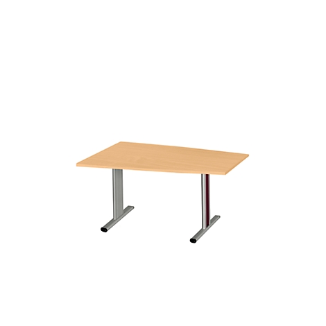 Een rechthoekige tafel met een lichtbruin tafelblad en zilveren poten op een witte achtergrond.