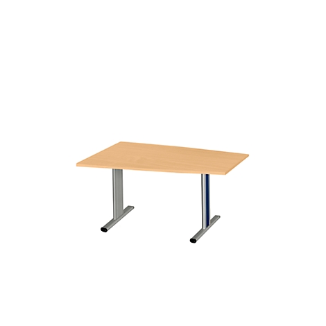Een lichtbruine rechthoekige tafel met zilveren poten op een witte achtergrond.