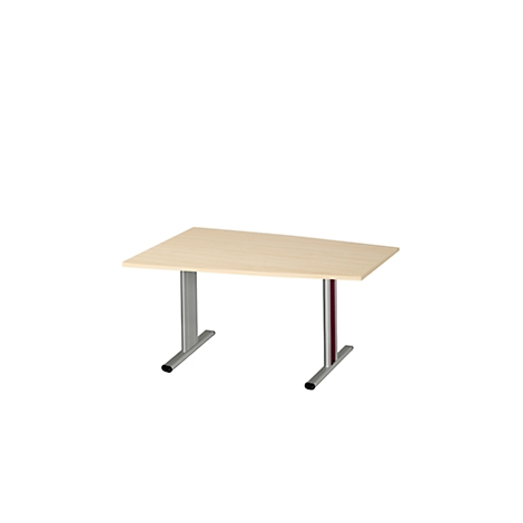 Rechthoekig bureau met lichtbruin blad en zilveren poten. Eén poot is rood. Achtergrond wit.