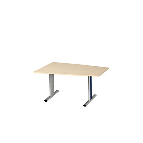 Rechthoekig bureau met lichtbruin tafelblad en zilveren metalen poten tegen een witte achtergrond.