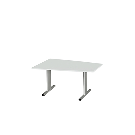 Witte tafel met twee zilveren poten. Het tafelblad is rechthoekig.