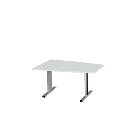 Witte tafel met rechthoekig tafelblad en twee grijze poten.