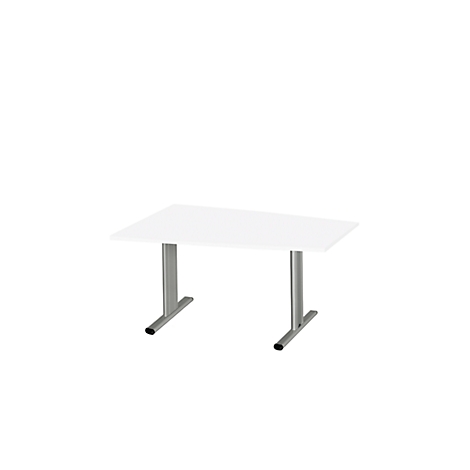Een rechthoekige witte tafel met twee zilverkleurige T-vormige poten.