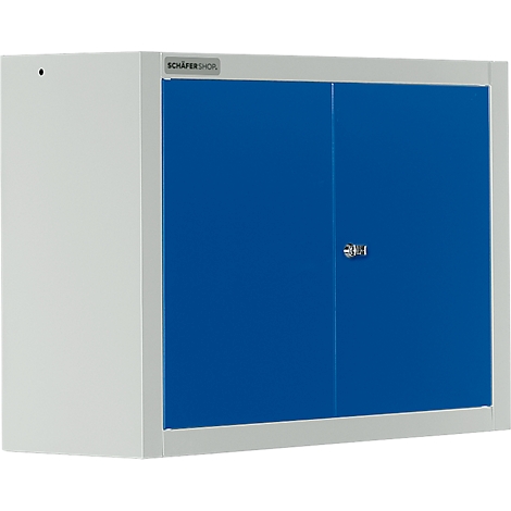 Wall cabinet, white housing, blue doors. Front logo: SCHÄFER SHOP. Lock with small lock.