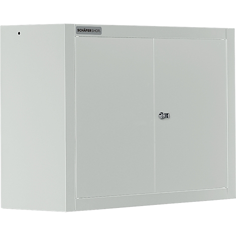 Grey wall cabinet with two doors, small lock and company logo.