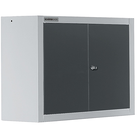 Wall cabinet, light gray with dark gray doors and lock. Logo: Schäfer Shop.