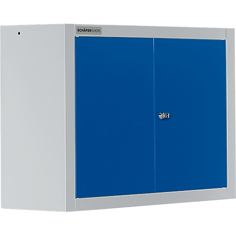 Gray workshop cabinet with blue doors. A silver lock is attached in the middle. A logo can be seen on the cabinet.