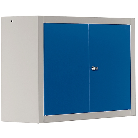 A white and blue wall cabinet with two doors and a silver lock.