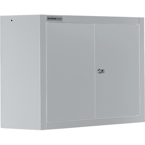 Grey wall cabinet with two doors and a lock. The inscription "SCHÄFER SHOP" is at the top.