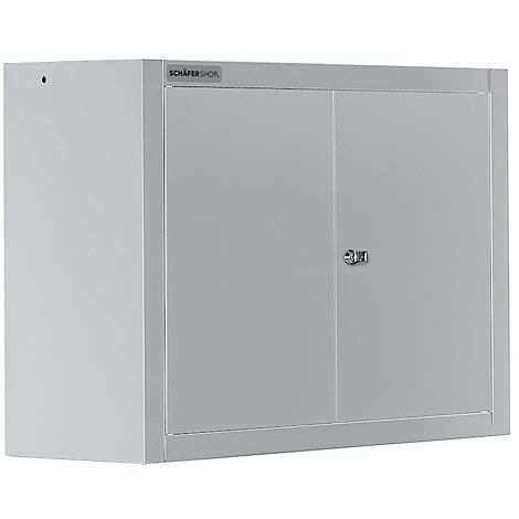 Grey wall cabinet with two doors, metal handle and logo. A small hole is visible at the top left.