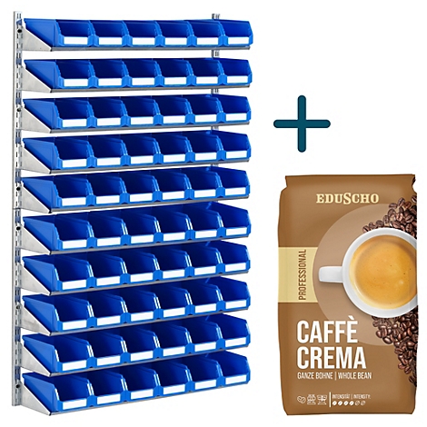 Blaue Behälterwand neben Kaffeepackung mit Aufdruck Caffè Crema, plus Symbol.