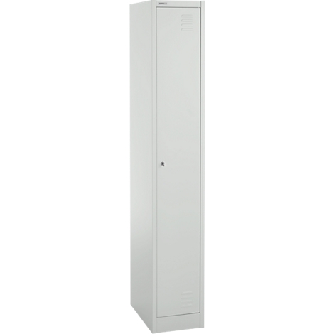 A tall, grey locker with a handle in the middle of the door. Air vents at the top and bottom.