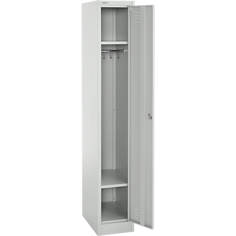 White steel locker with open door. Inside: shelves, clothes rail.