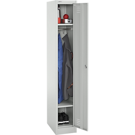 Grey locker with open door. Inside: clothes, shoes, water bottle, metal box, red ball. The inside is divided into shelves.