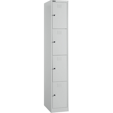 Grey metal cabinet with four doors. Each door has a small handle and ventilation slots.