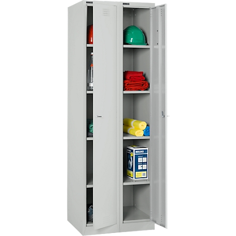 Gray metal cabinet with open doors, shelves, and contents such as helmet, towels and work materials.